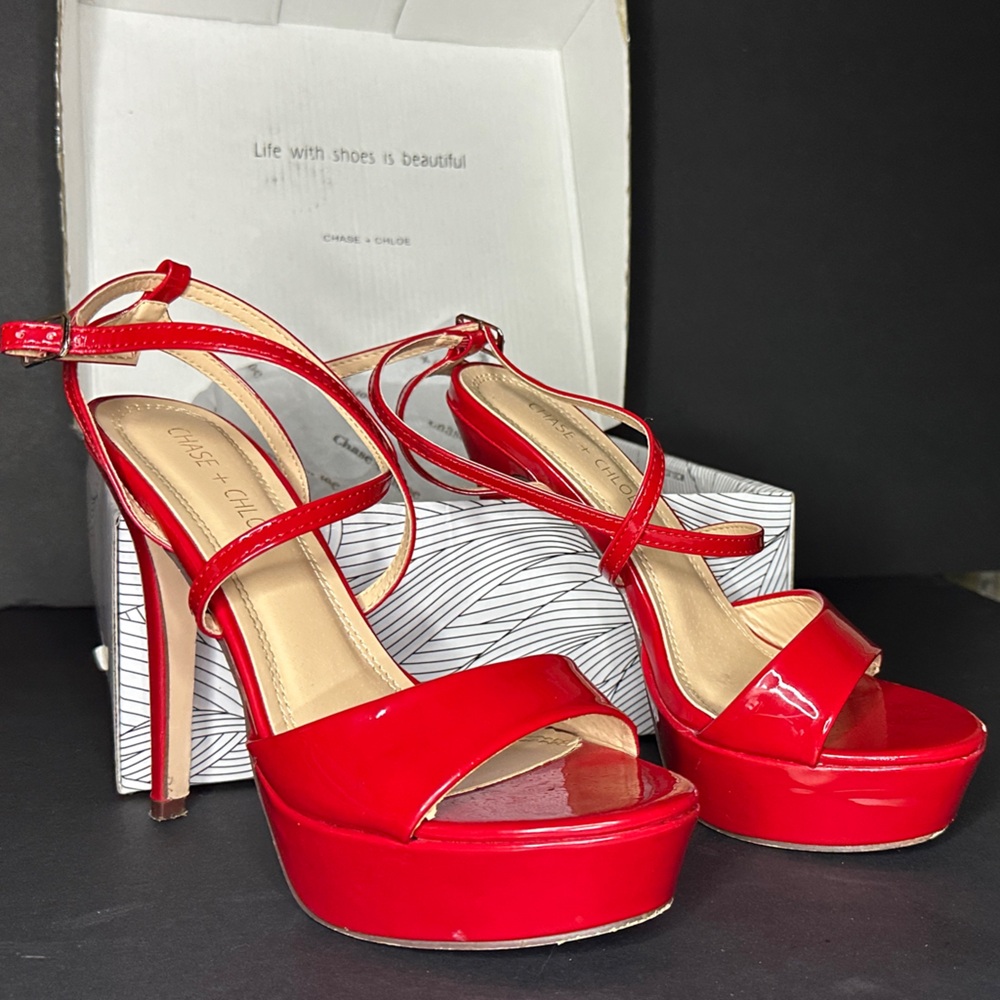Chase + Chloe Glossy Red Strappy Heels